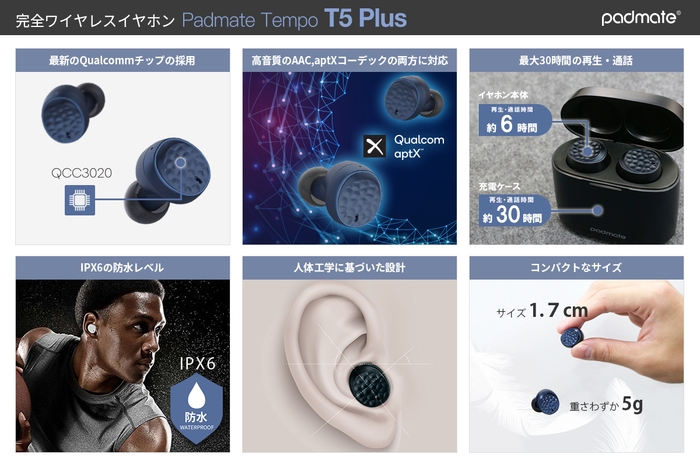 Padmate 完全ワイヤレスイヤホン Tempo T5 Plus 特長