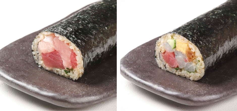 赤酢のシャリを用いた「近大生まれのマグロづくし恵方巻」(左)と「近大生まれの近大海鮮恵方巻」(右)