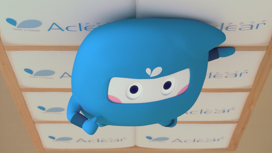 天井の裏から現れる断熱材「アクリア」と「アクリアくん」