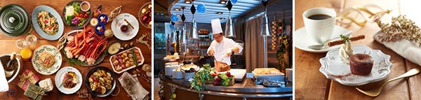 左から)クリスマスバイキング、ローストビーフはライブキッチンで提供、フォンダンショコラ(ディナー限定)