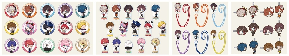 ▲左からビッグアクリルスタンド/グリッター缶バッジ/クリアカード/つながるアクリルチャーム