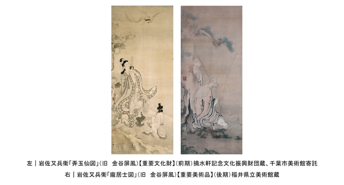 ▲左から、岩佐又兵衛「弄玉仙図」(旧 金谷屏風)【重要文化財】(前期)摘水軒記念文化振興財団蔵、千葉市美術館寄託、岩佐又兵衛「ほう居士図」(旧 金谷屏風)【重要美術品】(後期)福井県立美術館蔵