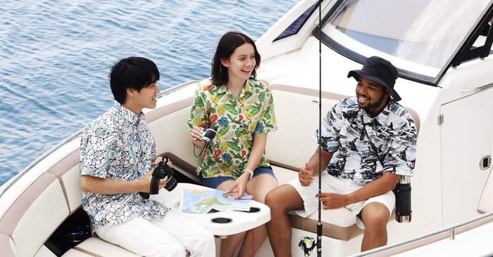 着用写真:左よりオニゴーリ柄・トロピウス柄・サメハダー柄