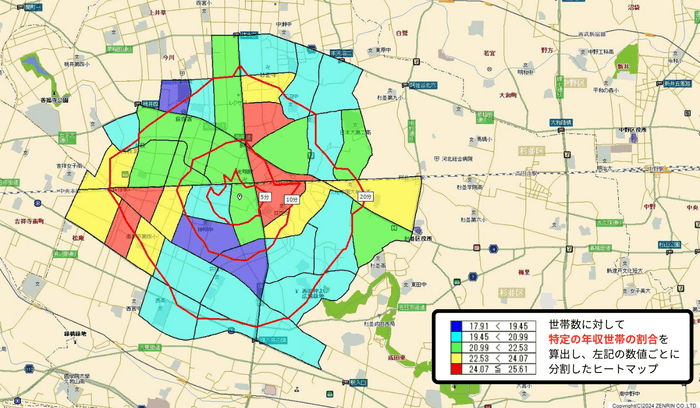 世帯数に対する特定年収世帯の割合をヒートマップ化した図