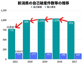 2021年の新潟県の自己破産件数は、11月時点で2020年同月比約16%減！