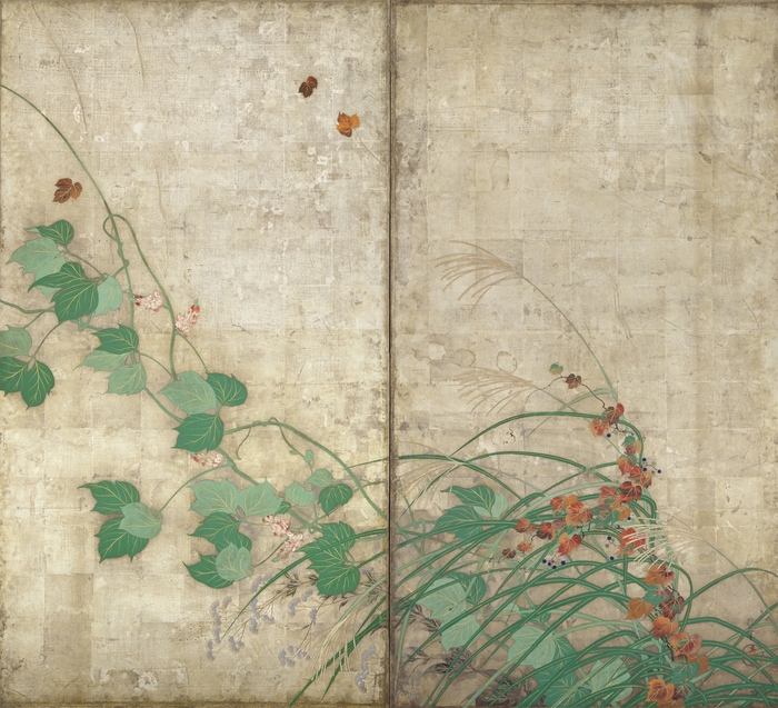 03_左_夏秋草図屏風・風神雷神図屏風 酒井抱一筆・尾形光琳筆 東京国立博物館蔵 ※本展覧会では複製を展示