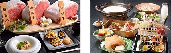 (右)9月福島牛、10月山形牛、11月仙台牛　第一ホテル東京　鉄板焼「一徹」 (左)鱶鰭(ふかひれ)と川俣シャモのコラーゲンたっぷり鍋　第一ホテル両国　日本料理「さくら」
