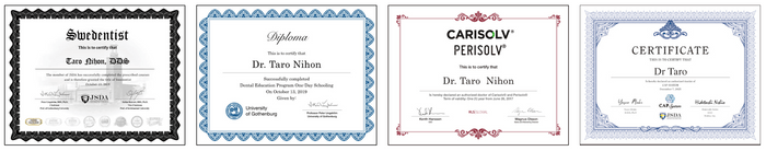 「スウェデンティスト認定証」「イエテボリ大学日本スクーリングディプロマ」「カリエスプロ・ペリオプロ・ソルブプロ認定証」「キャップシステム修了証」