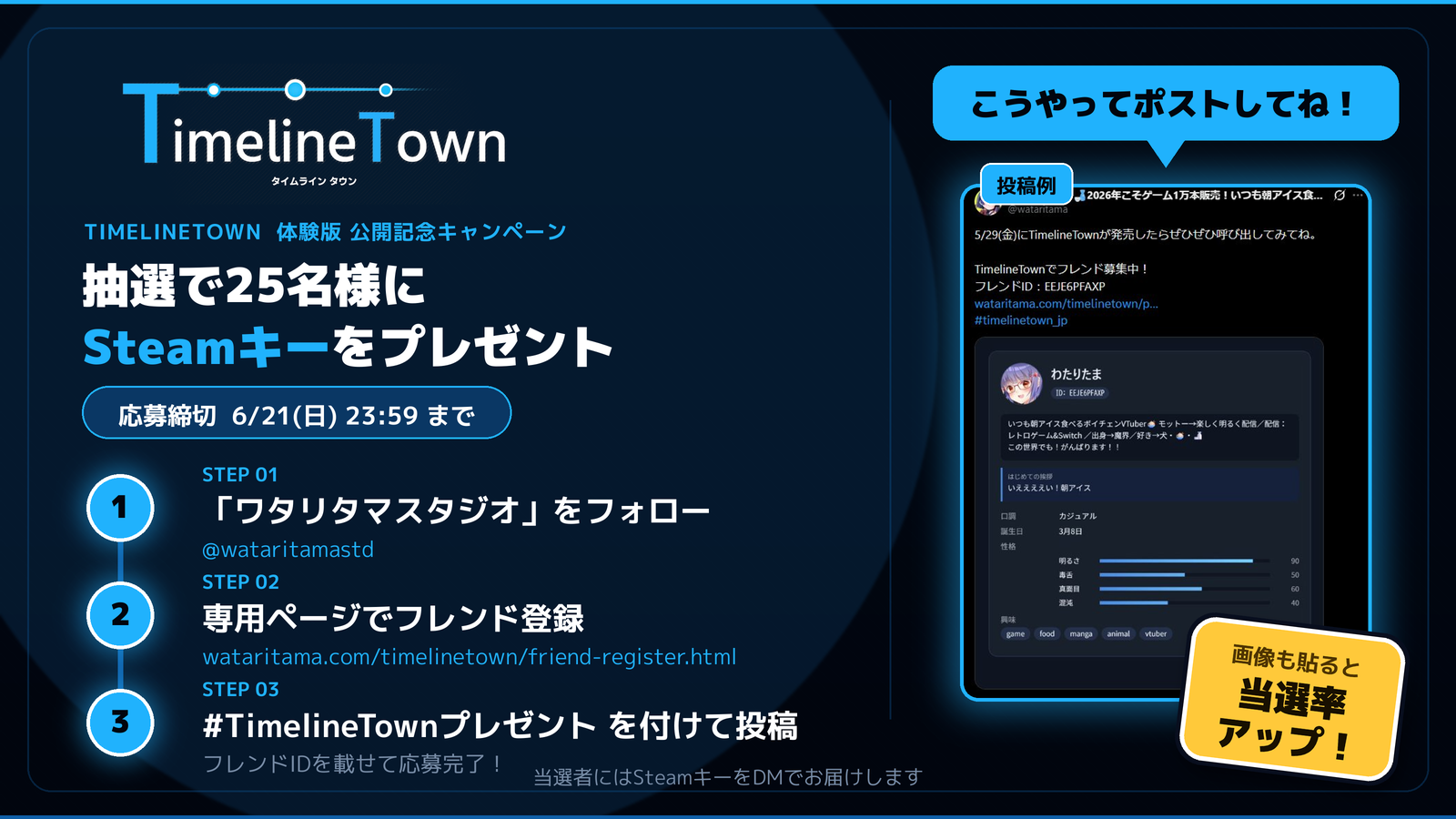 6/21(日)期限/Steamキーが当たる!「TimelineTown」友達登録キャンペーン