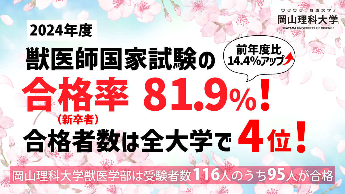 【岡山理科大学】獣医師国家試験の合格率81.9% 合格者数は全大学で4位