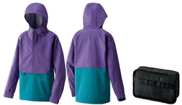 左から「プルオーバージャケット」バイオレット、ジャケットを折り畳んで収納した様子