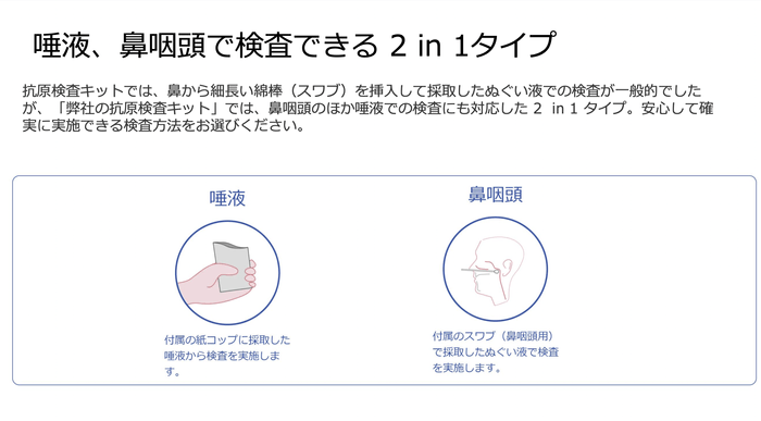 唾液、鼻咽頭で検査できる 2in1 タイプ