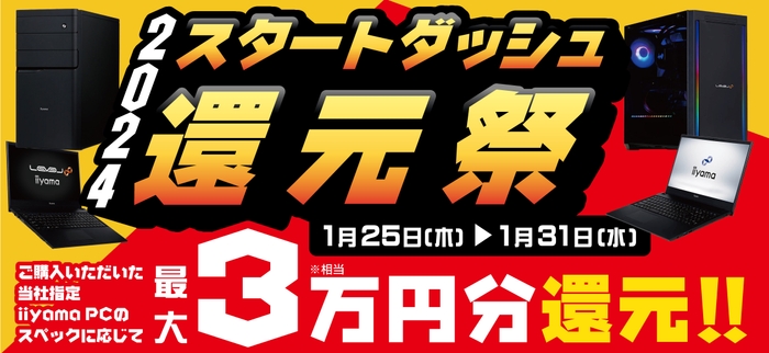 対象iiyama PCのご購入で最大3万円分相当を還元する「2024スタートダッシュ還元祭」を1月25日より期間限定で開催！