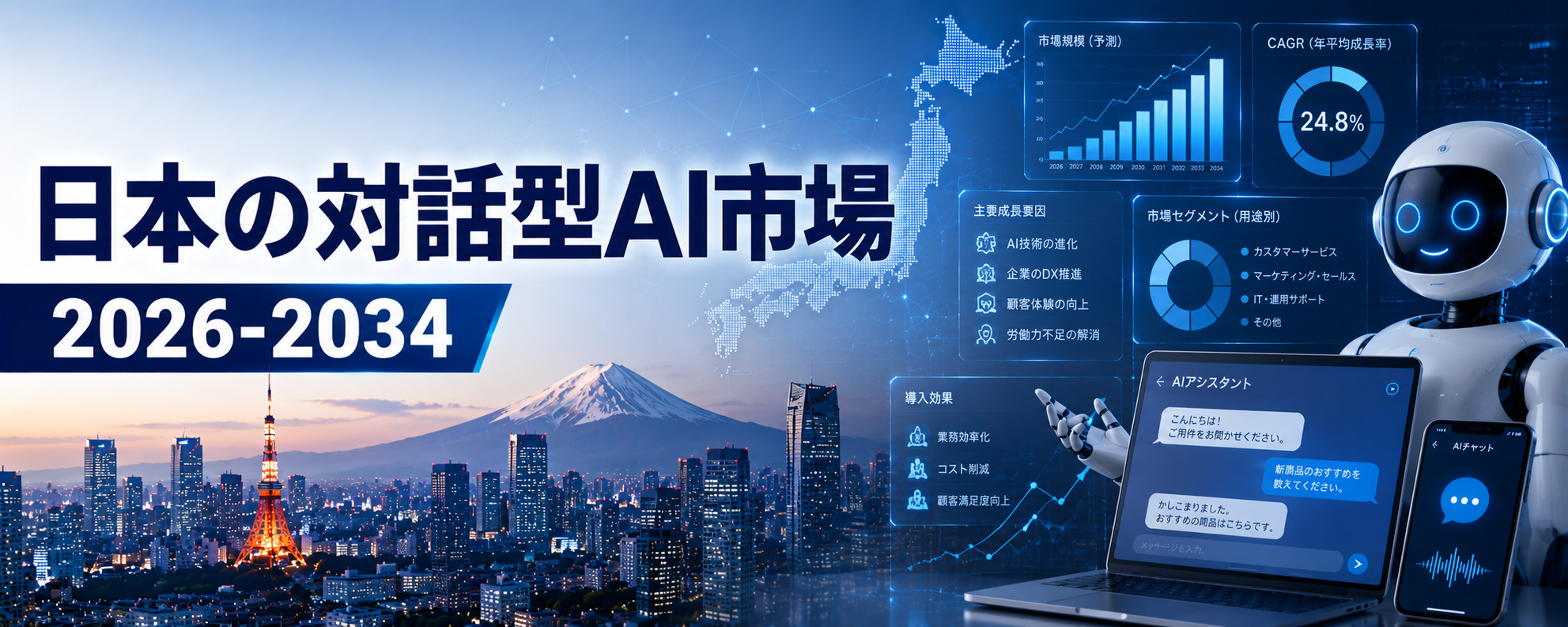 日本の対話型AI市場規模、2034年までに34億960万米ドルに到達 | 年平均成長率（CAGR）16.63%
