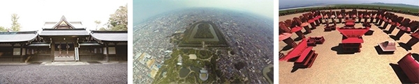 (左から)伊勢神宮、堺市博物館 仁徳天皇陵古墳VR画像(例1)、VR画像(例2)