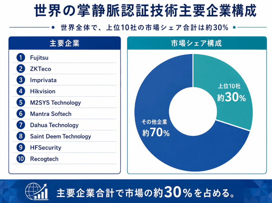 図.   世界の掌静脈認証技術・メーカー上位10社のランキングおよび市場シェア