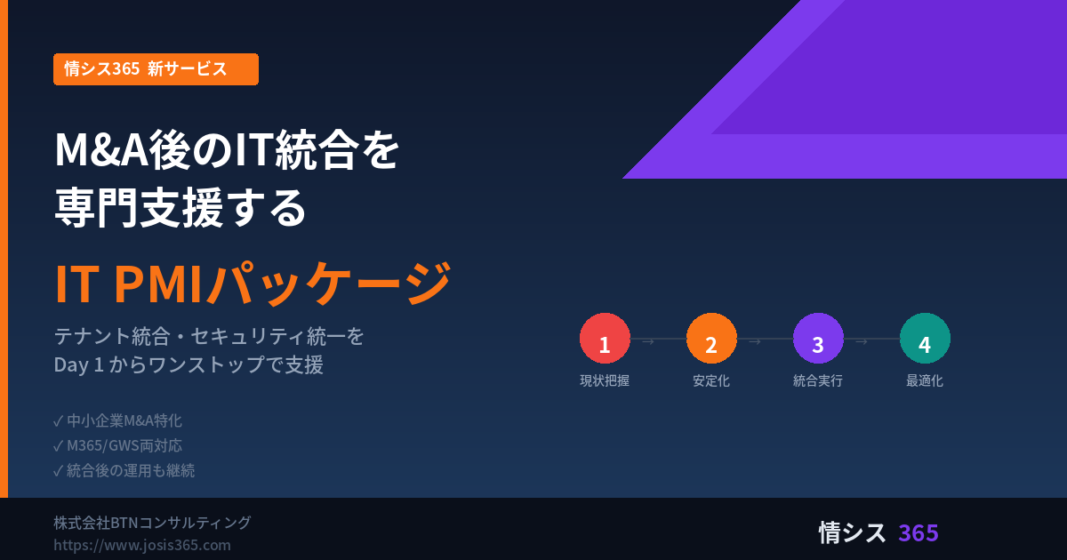 M&A後のIT統合を専門支援する「IT PMIパッケージ」を提供開始　― 中小企業のM&Aにおけるテナント統合・セキュリティ統一をDay 1からワンストップで支援