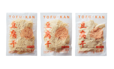 「冷凍 豆腐干 100g」3種(左:細切り・短 中央:細切り・長 右:平切り)