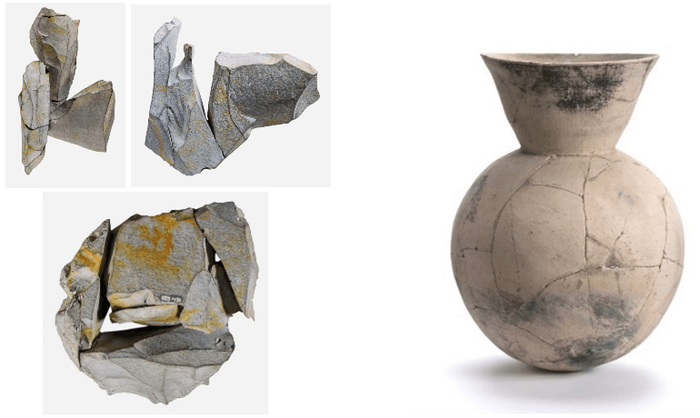 左から旧石器時代の接合資料(法華寺南遺跡)、古墳時代の壺(平城宮跡)