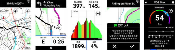 左から、GPS地図機能、ナビゲーション機能、ClibPro、Live Track、VO2 Max