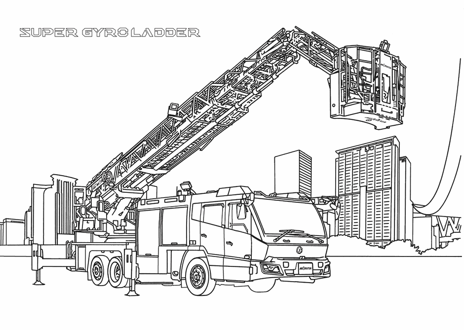 ぬりえ(先端屈折式はしご付消防自動車)