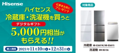 ハイセンスジャパン、「冷蔵庫・洗濯機を買って デジタルギフト5,000円相当をもらおう！！キャンペーン」実施　 11月10日より応募受付を開始