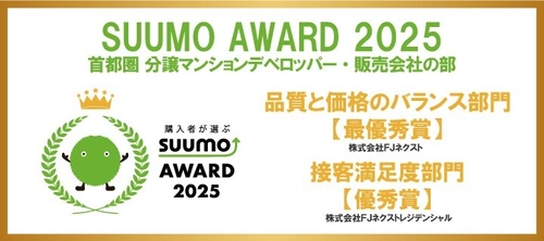 ～新築マンション購入者が選んだ 顧客満足度ランキング～　 「SUUMO AWARD」2025年首都圏　 「品質と価格のバランス部門」で3年連続最優秀賞受賞