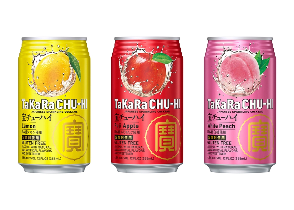 左から、“TaKaRa CHU-HI〈Lemon〉”、“同〈Fuji Apple〉”、“同〈White Peach〉”