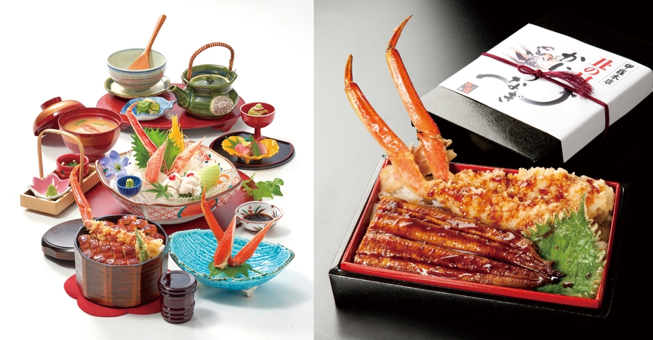 左:数量限定の「ひつまぶし」のように3度“味変”が楽しめる「特上かに鰻まぶし御膳」5,280円 右:テイクアウト商品「特選かに鰻重」3,218円