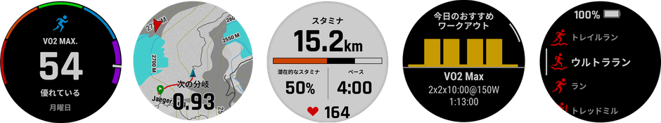 左から、トレイルランVO2 Max、NextForkマップガイド、リアルタイムスタミナ、おすすめワークアウト、アクティビティ機能