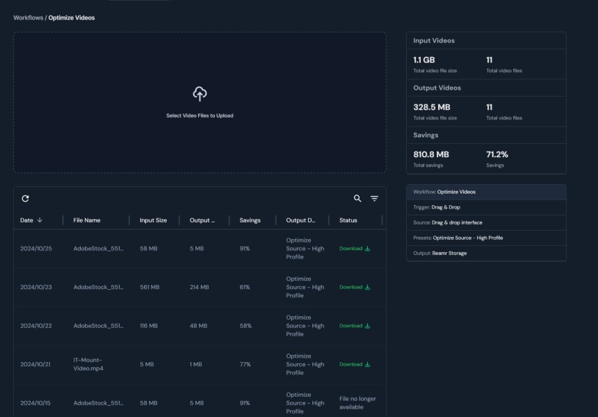 サービス画面1: ワークフロー/ビデオ軽量化