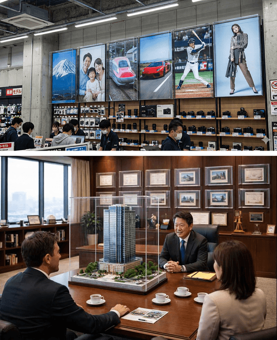 (上)家電量販店カメラコーナー／(下)建築会社役員室