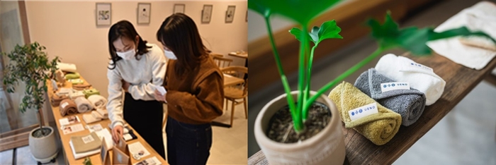 以前に実施したポップアップストアの様子(左)、学生がセレクトした泉州タオル(右)