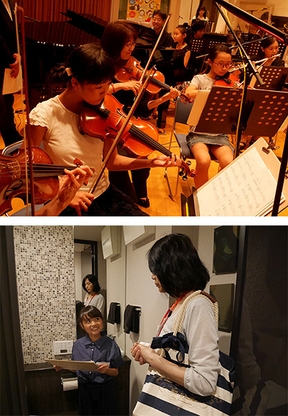 (上)宝塚歌劇のオーケストラとの演奏体験、(下)マンションの販売員体験