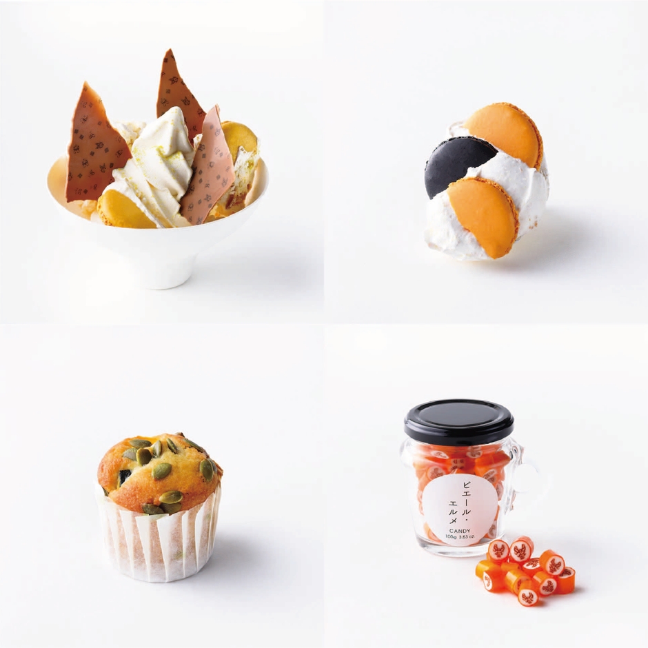 ハロウィンバニラソフトクリーム(880円/864円)※10/3より販売予定 / オレンジのメレンゲ(330円/324円) / パンプキンのマフィン(385 円/378 円) / キャンディ 隈取り 1,188円 ※価格は税込み(イートイン/テイクアウト)