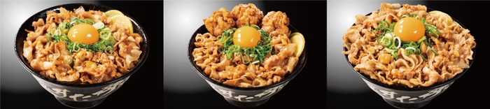 左から『背脂にんにくクラッシュすた丼』『唐揚げ合盛り背脂にんにくクラッシュすた丼』『背脂にんにく“大爆発”すた丼』