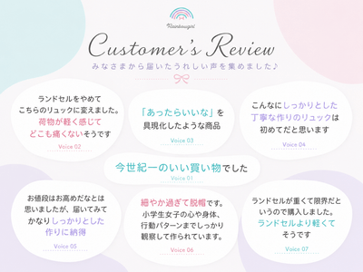 rainbowgirl お客様からのレビュー「小学校通学に使いたいかわいいリュックサック」の3項目で3冠を獲得したRainbowgirlの通学リュック。