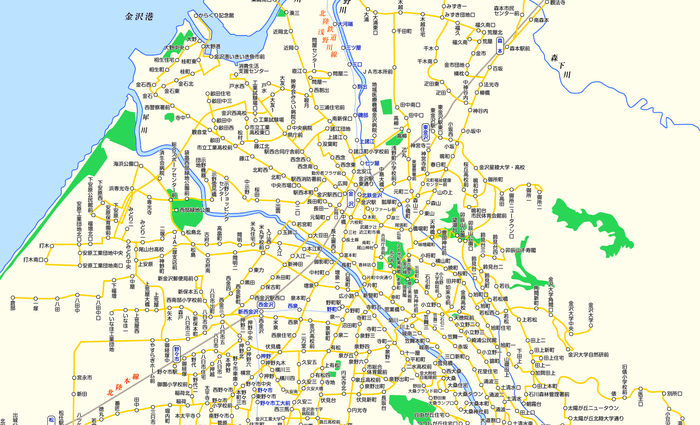 金沢周辺の「駅すぱあと」バス路線図