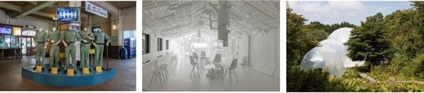 【左】明和電機《ひっぱれ!六甲ケーブルカー》 2017年 六甲ケーブル【中央】開発好明《スペース・ホワイト・カフェ(SWCafe)》 2017年 天覧台【右】奥中章人《Inter-world-sway》 2017年 六甲オルゴールミュージアム