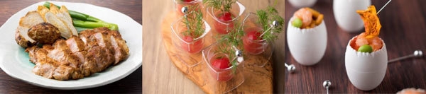 (左から)和豚もち豚ロースト&スペアリブ(宮城)、トマトビネガーウォーター(山形)、“ほやほや”ロワイヤル(宮城)