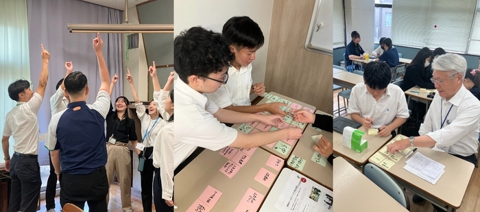 学校訪問の様子(左:西原中学校、中央と右:クラーク記念国際高校さいたまキャンパス)