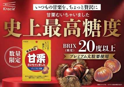 数量限定で今年も登場！いつもよりちょっと贅沢に。
濃厚な味わいに焼き上げた「甘栗むいちゃいました　プレミアム大粒」が
2026年8月24(月)から発売開始！