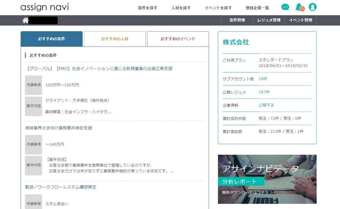 「アサインナビ」WEBサイトの会員ページ(おすすめの案件／人材／イベント)