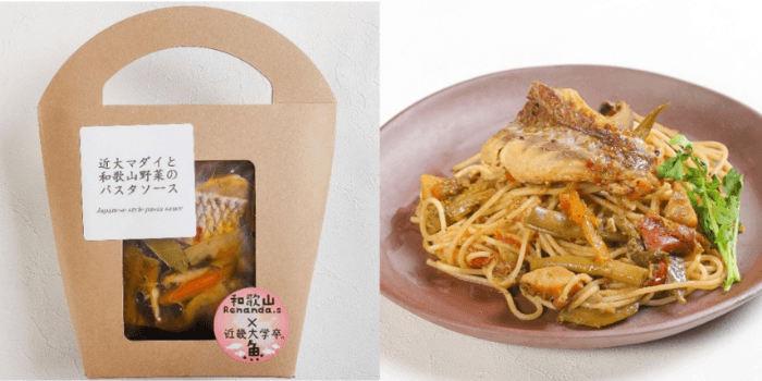 「近大マダイと和歌山野菜のパスタソース」(左)、調理イメージ(右)