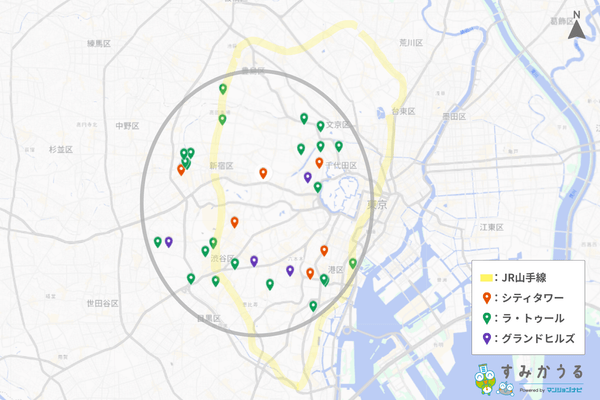 画像1：東京都心部におけるラ・トゥール、シティタワー、グランドヒルズの所在をプロットし、JR山手線を目安として同心円状のエリア構造を示した地図（マンションナビ）