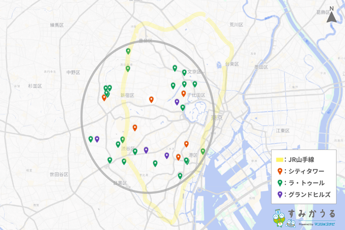 画像1：東京都心部におけるラ・トゥール、シティタワー、グランドヒルズの所在をプロットし、JR山手線を目安として同心円状のエリア構造を示した地図（マンションナビ）