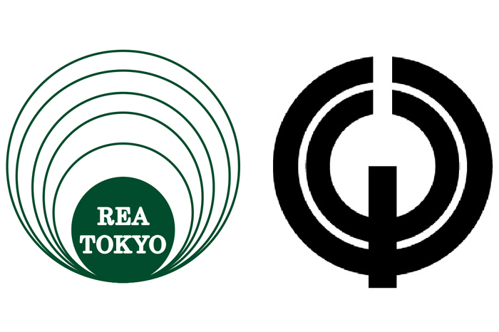 東京都不動産鑑定士協会ロゴマーク(左)、清瀬市市章(右)