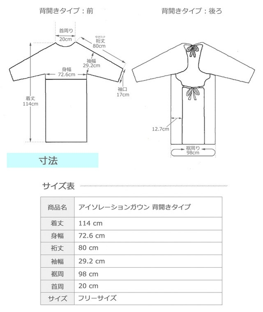 背開きサイズ表