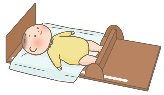 従来の乳児身長測定方法(2名の測定者が乳児の頭と足を保持し、測定版の間の距離を測る)