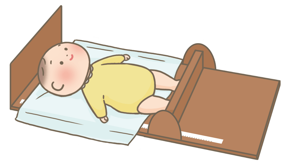 従来の乳児身長測定方法(2名の測定者が乳児の頭と足を保持し、測定版の間の距離を測る)